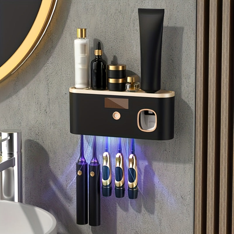 1 Black Gold Smart Toothbrush Organizer, Bathroom Toothbrush Placement and Organization, Automatic Toothpaste Dispenser - Wall Mount, 5-Slot Storage, Durable Plastic, USB Rechargeable Lithium Battery, Modern Bathroom Organization and Home Decor
