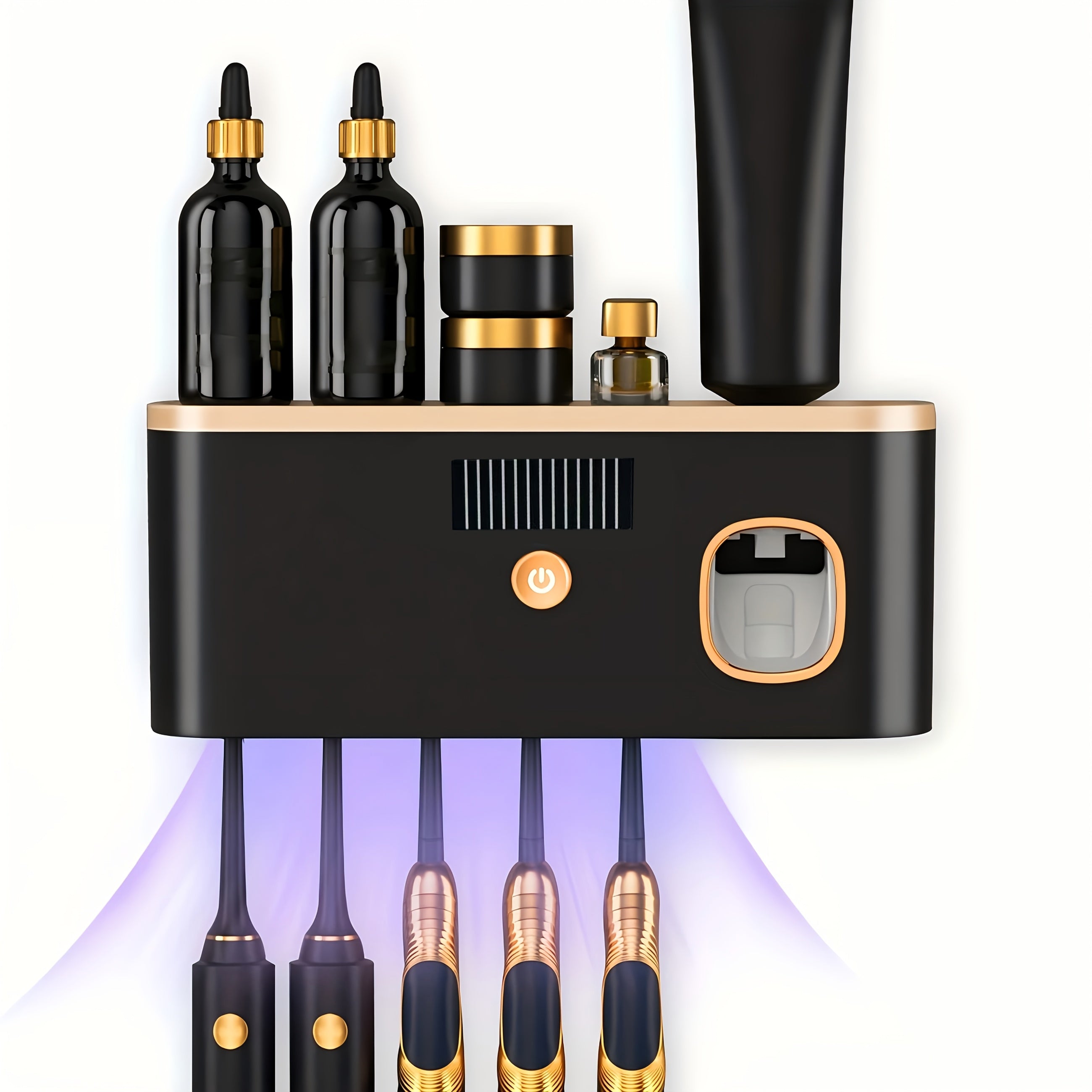 1 Black Gold Smart Toothbrush Organizer, Bathroom Toothbrush Placement and Organization, Automatic Toothpaste Dispenser - Wall Mount, 5-Slot Storage, Durable Plastic, USB Rechargeable Lithium Battery, Modern Bathroom Organization and Home Decor