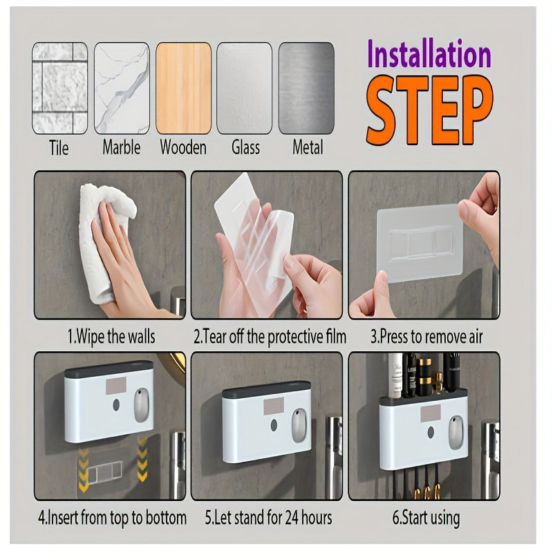 1 Black Gold Smart Toothbrush Organizer, Bathroom Toothbrush Placement and Organization, Automatic Toothpaste Dispenser - Wall Mount, 5-Slot Storage, Durable Plastic, USB Rechargeable Lithium Battery, Modern Bathroom Organization and Home Decor