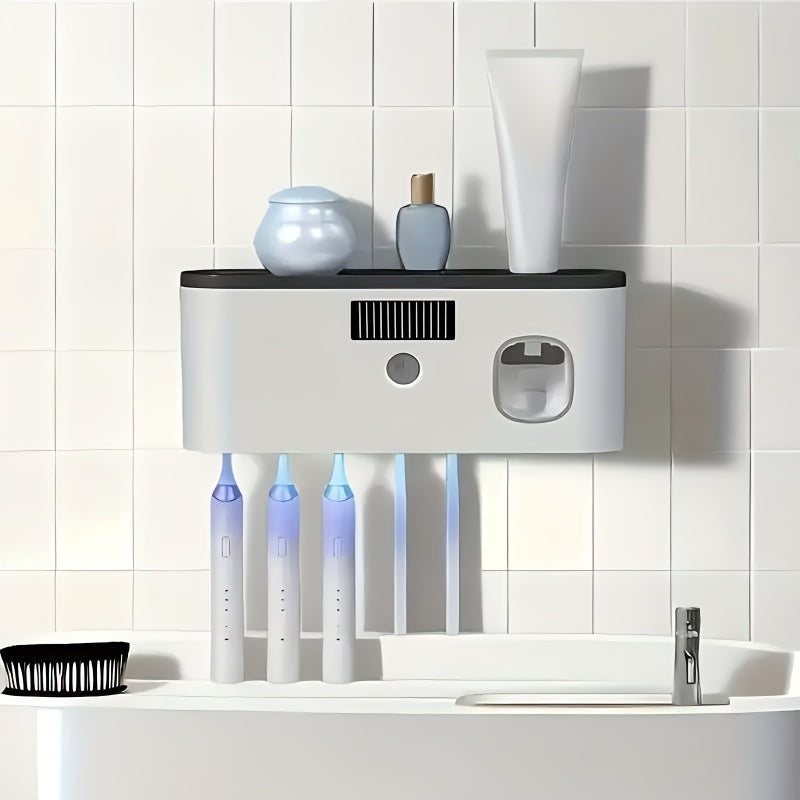 1 white smart toothbrush organizer, bathroom toothbrush arrangement and storage, with automatic toothpaste dispenser - wall-mounted, 5-slot storage, durable plastic, USB rechargeable lithium battery, modern bathroom organization and home decoration