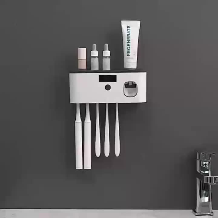 1 white smart toothbrush organizer, bathroom toothbrush arrangement and storage, with automatic toothpaste dispenser - wall-mounted, 5-slot storage, durable plastic, USB rechargeable lithium battery, modern bathroom organization and home decoration