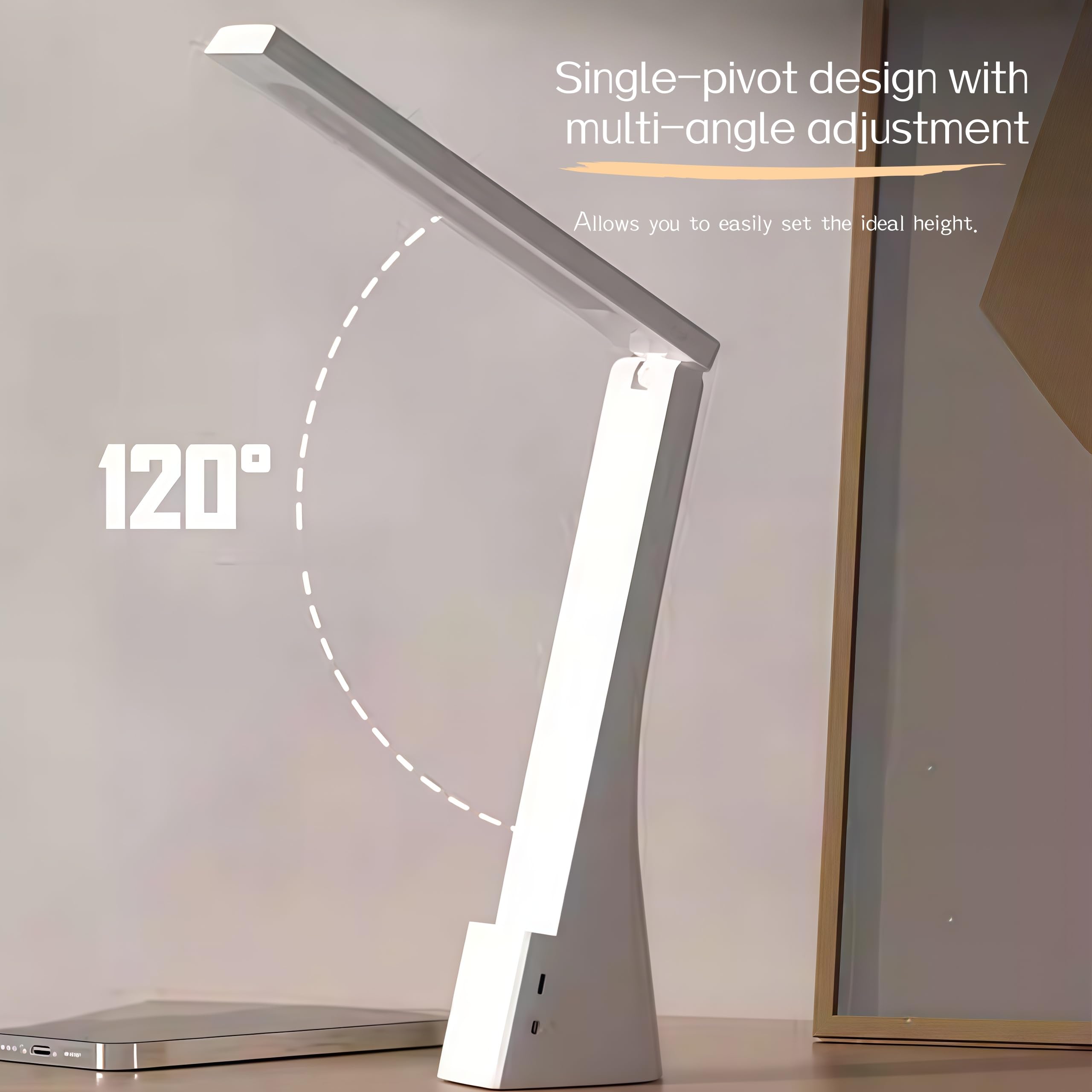 USB Rechargeable Foldable LED Desk Lamp – Touch Control, 3-Color Temperature, Stepless Dimming, 120° Adjustable Arm, Built-in Phone Stand, Flicker-Free & Blue Light Filtered, Ideal for Study, Office, Bedroom, Dorm; Compact & Modern Design (White,6000mA)