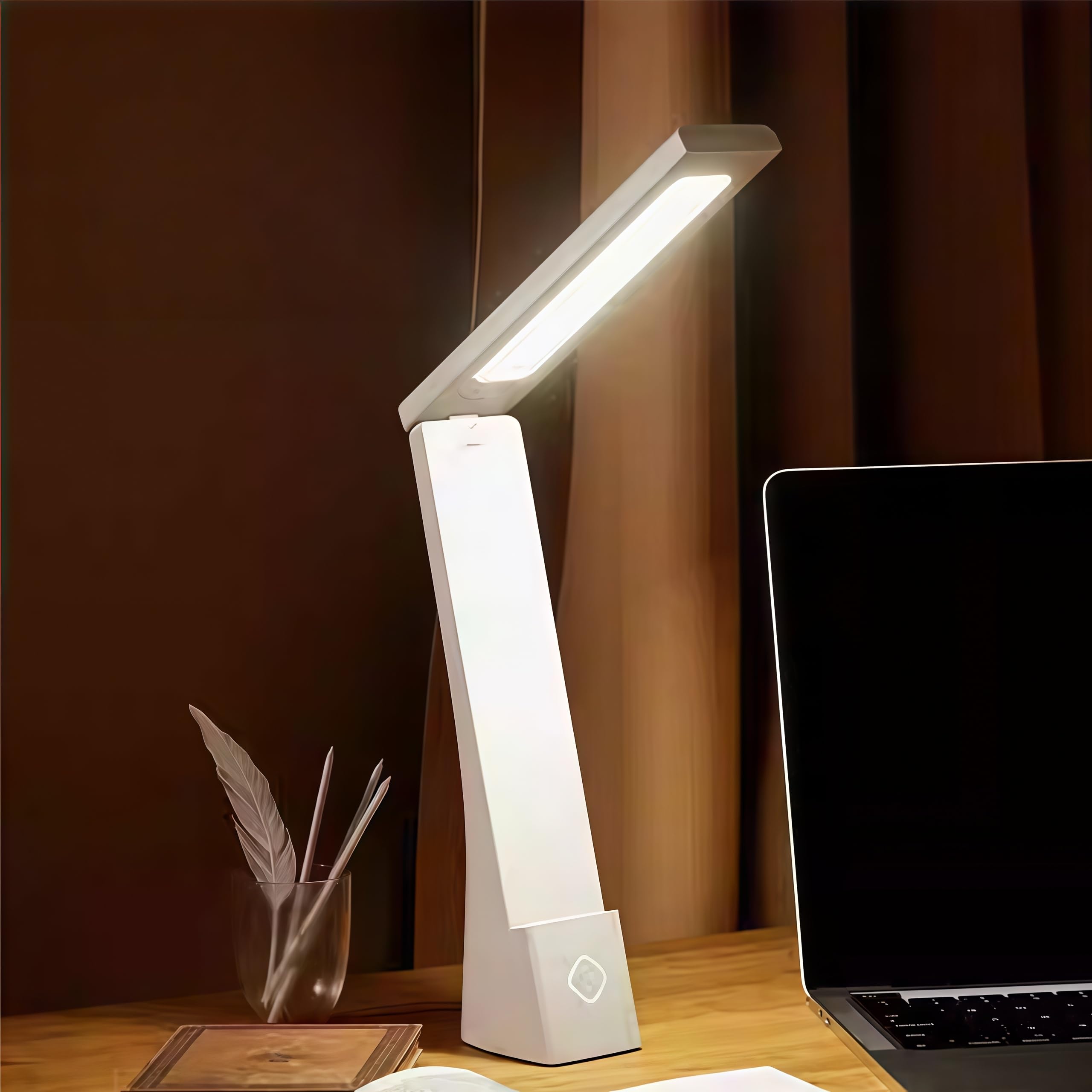 USB Rechargeable Foldable LED Desk Lamp – Touch Control, 3-Color Temperature, Stepless Dimming, 120° Adjustable Arm, Built-in Phone Stand, Flicker-Free & Blue Light Filtered, Ideal for Study, Office, Bedroom, Dorm; Compact & Modern Design (White,6000mA)