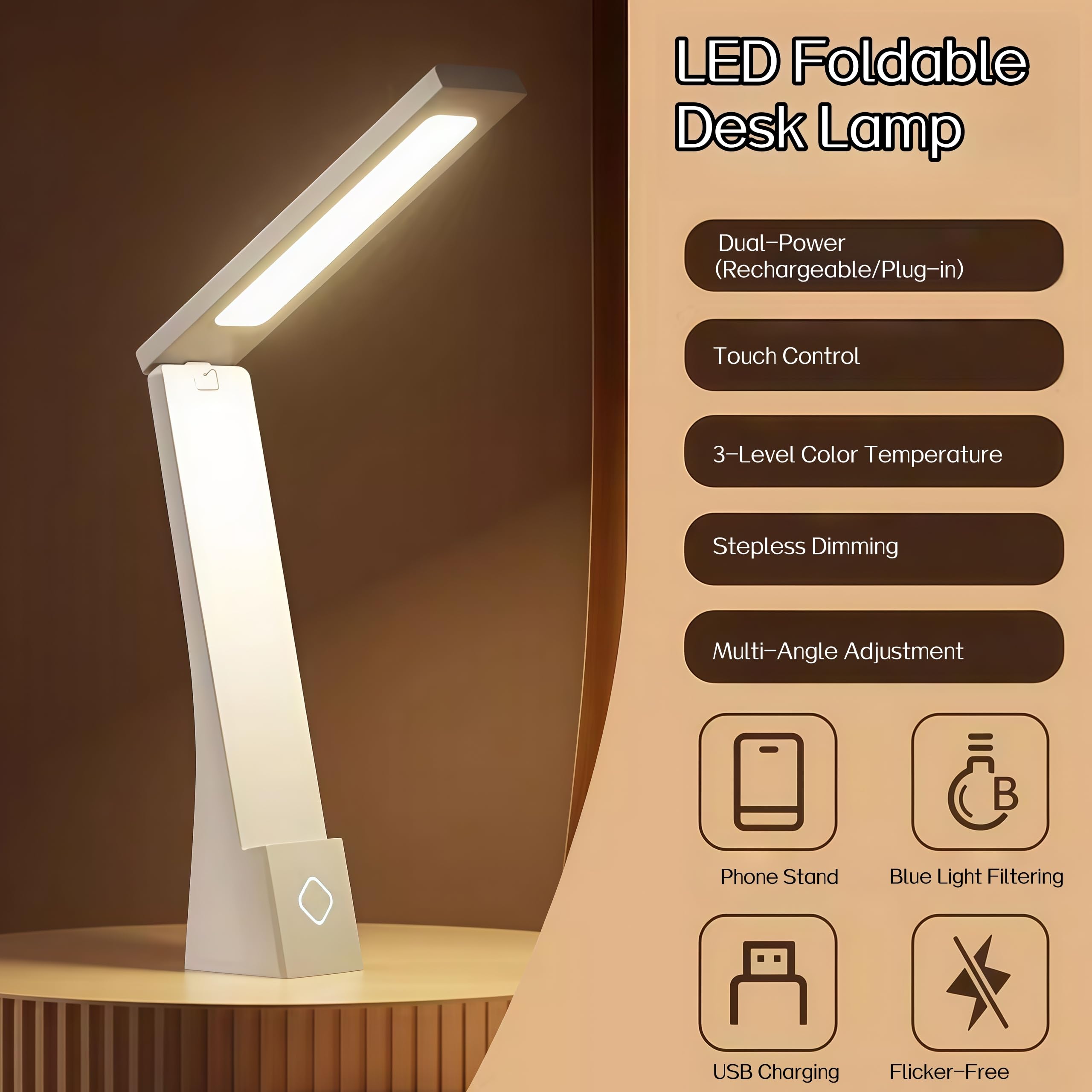 USB Rechargeable Foldable LED Desk Lamp – Touch Control, 3-Color Temperature, Stepless Dimming, 120° Adjustable Arm, Built-in Phone Stand, Flicker-Free & Blue Light Filtered, Ideal for Study, Office, Bedroom, Dorm; Compact & Modern Design (White,6000mA)