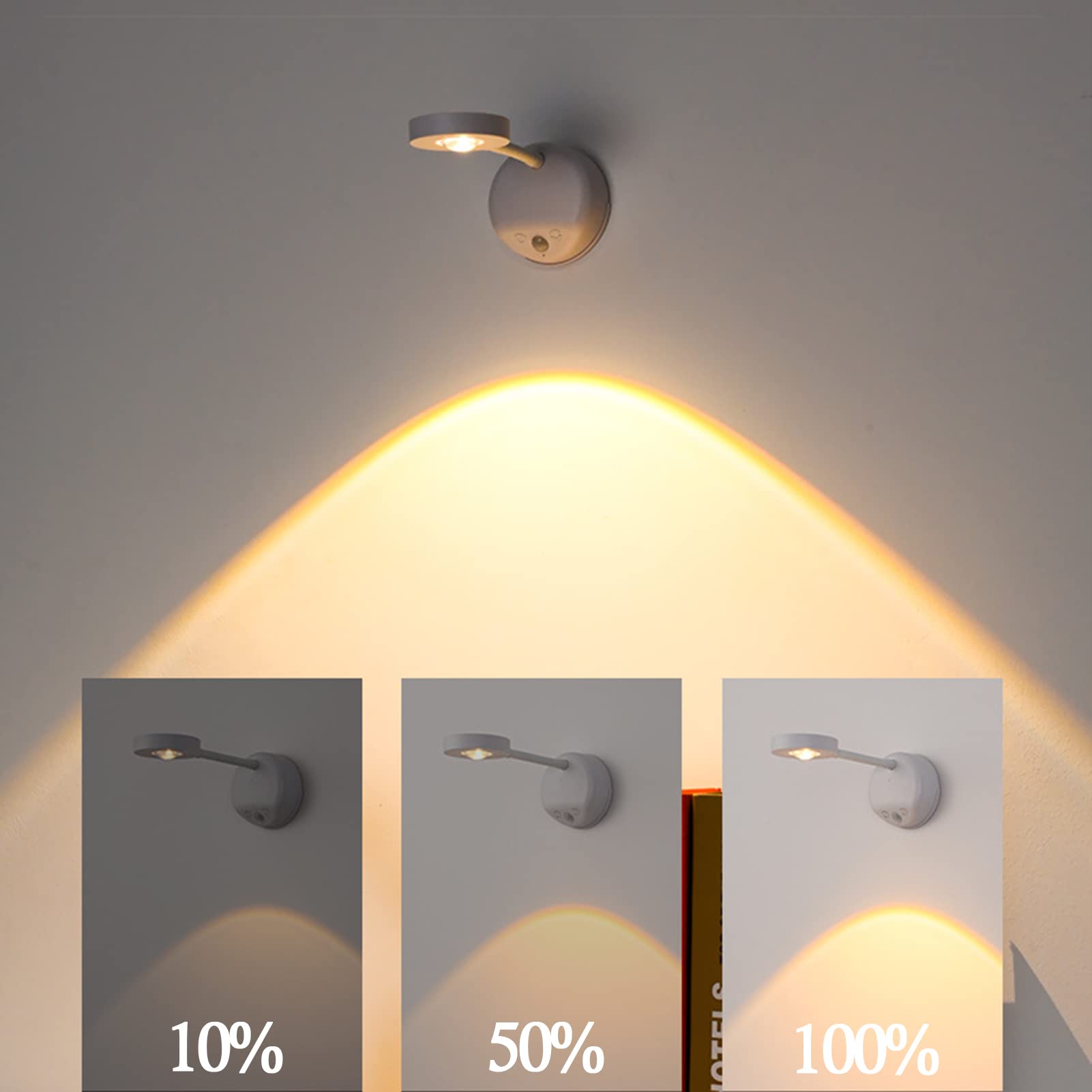 3-Pack Rechargeable LED Wall Spotlight for Art – Wireless Motion Sensor Picture Light with Remote, 3 Color Temperatures, Dimmable & Adjustable Head, No Wiring Needed (White)