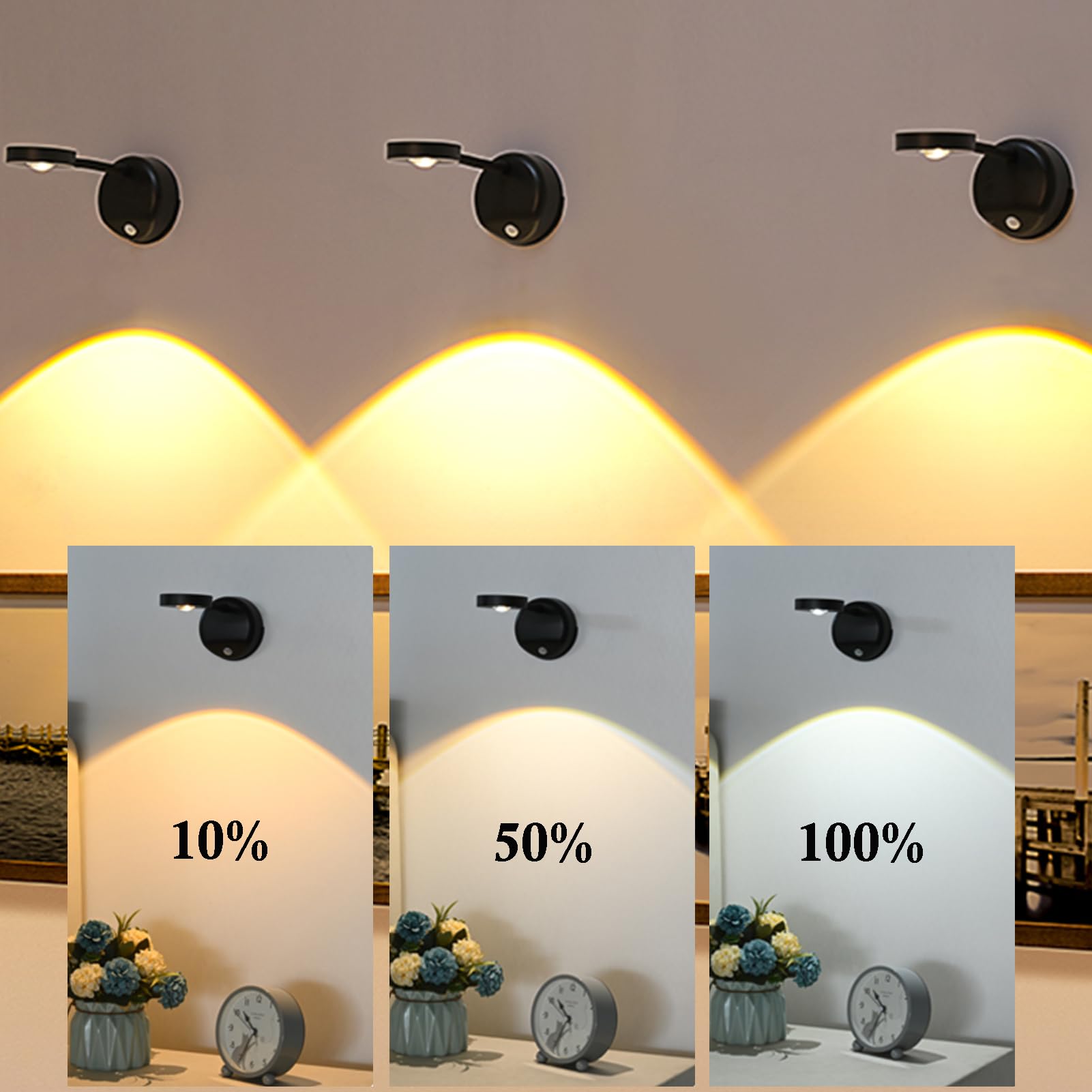 3-Pack Rechargeable LED Wall Spotlight for Art – Wireless Motion Sensor Picture Light with Remote, 3 Color Temperatures, Dimmable & Adjustable Head, No Wiring Needed (White)