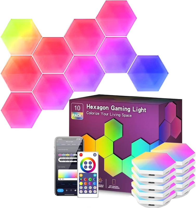 10 Pack Hexagon LED Wall Lights, Smart RGB Honeycomb Lights with APP & Voice Control, Music Sync Modular LED Panels for Gaming Room, Bedroom & Home Theater Decor
