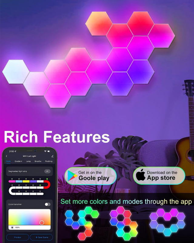 10 Pack Hexagon LED Wall Lights, Smart RGB Honeycomb Lights with APP & Voice Control, Music Sync Modular LED Panels for Gaming Room, Bedroom & Home Theater Decor