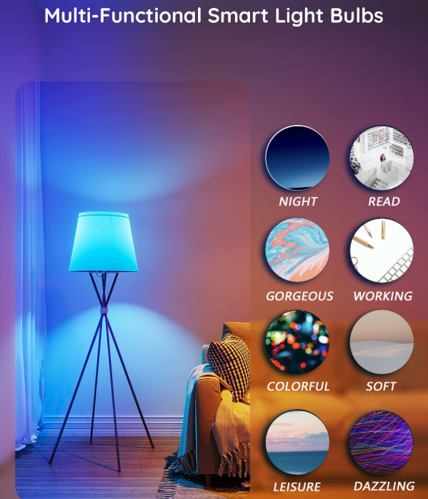 4 Pack Smart Light Bulbs,WiFi & Bluetooth LED Light Bulb That Works with Alexa & Google Home, Color Changing Light Bulb, 9W  E27 2.4Ghz WiFi Light Bulbs Tuya Smart APP