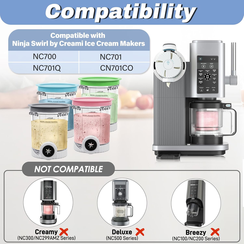 Pints and Lids Replacement Compatible with Ninja Swirl by Creami NC700 Series Ice Cream Makers, 16oz Cup Containers Replacement for Creami Swirl NC701 NC701Q CN701CO, 4-Pack, BPA Free, Clear