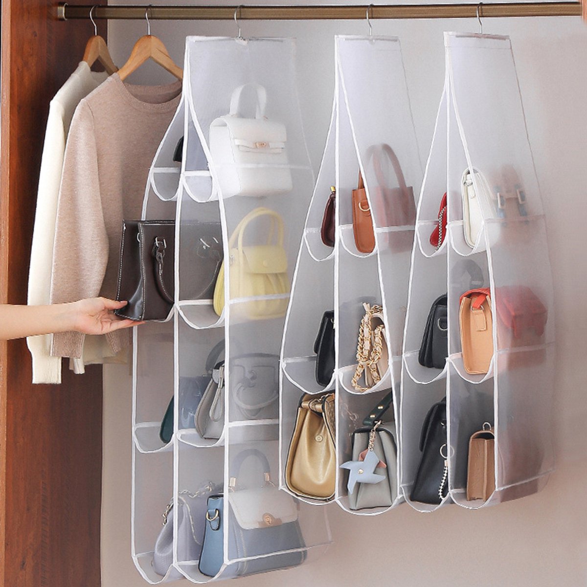 Hanging storage shelf - Closet organizer - Wardrobe organizer - 6 compartments - Suitable for handbags, clothes and toys (set of 3)
