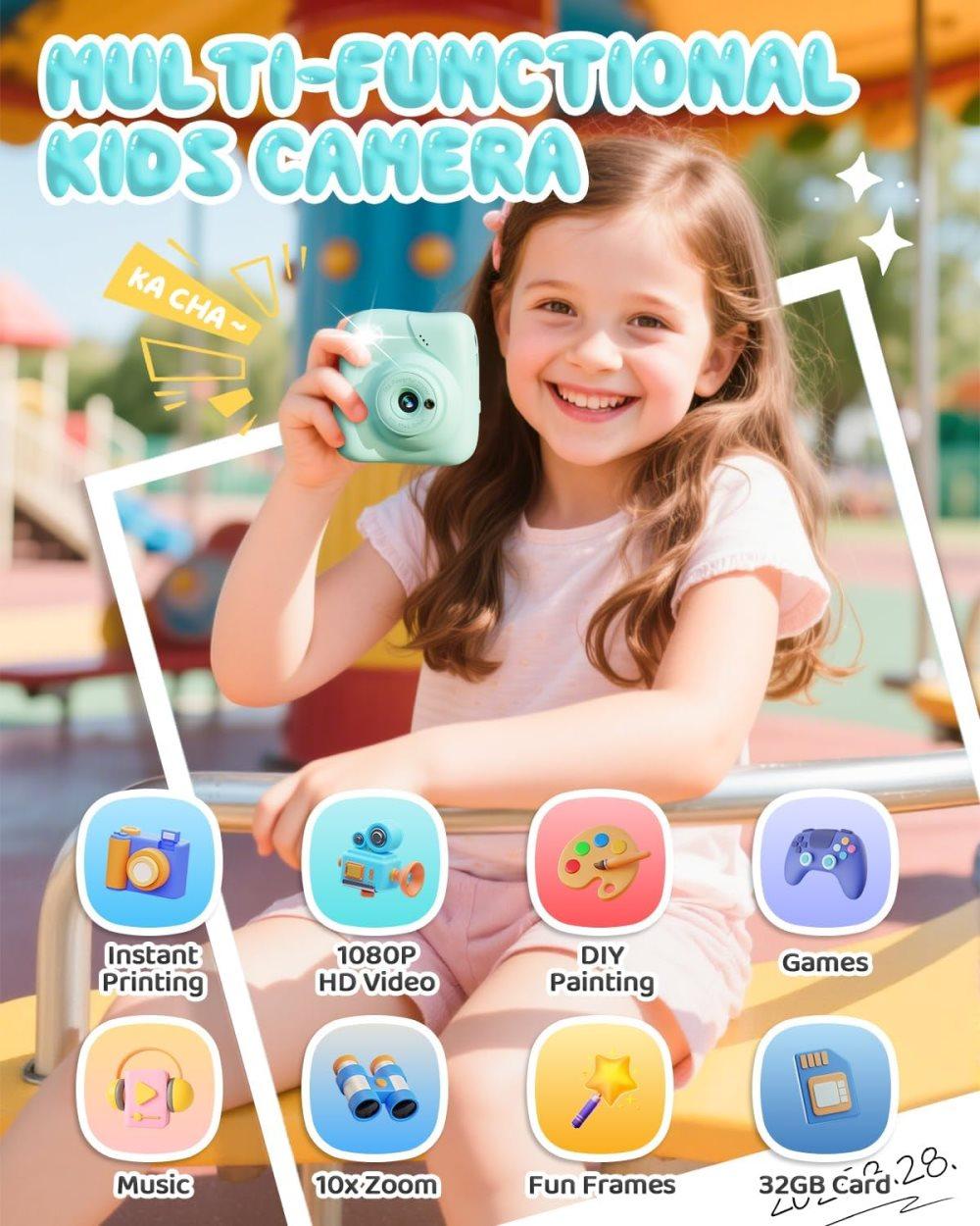 48MP Kids Digital Camera with Instant Print, 1080p FHD, 10x Zoom, 32GB Memory Card, 3-inch Screen, Green