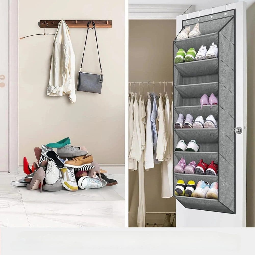 12 Pairs Wall Mounted Shoe Rack with Hooks, Shoe Hanger Storage for Door, 24 x 12 x 4 inches, Gray