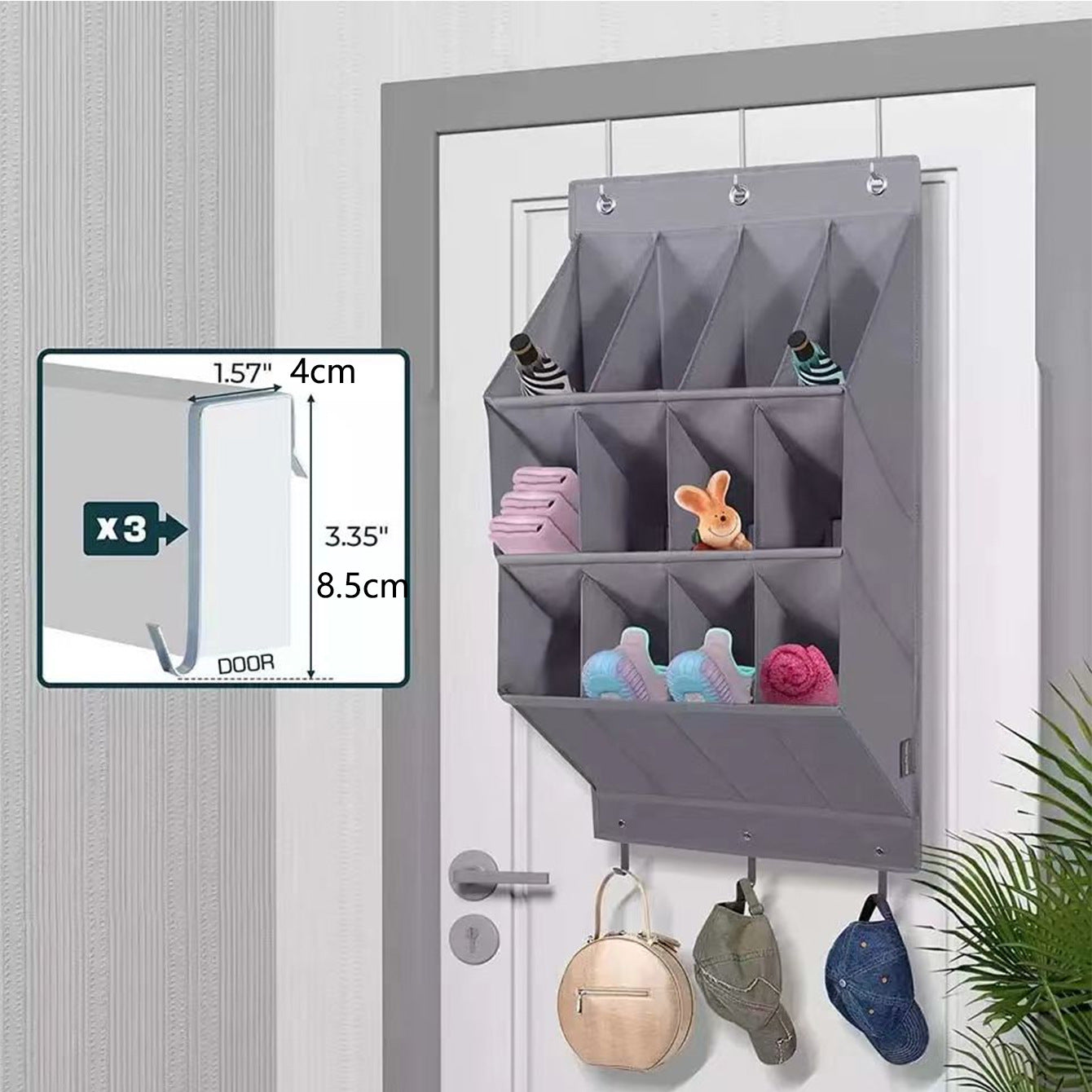 Wall-mounted Shoe and Hat Rack with Hooks, Multi-functional Storage for Door Hanging, Gray