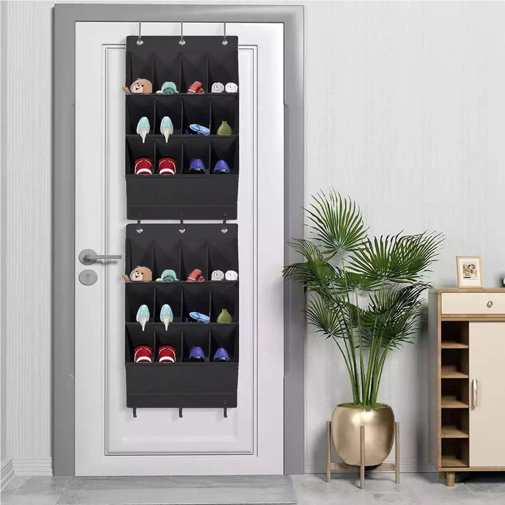Wall-mounted shoe hat rack with hooks, black, multi-functional storage for door hanging