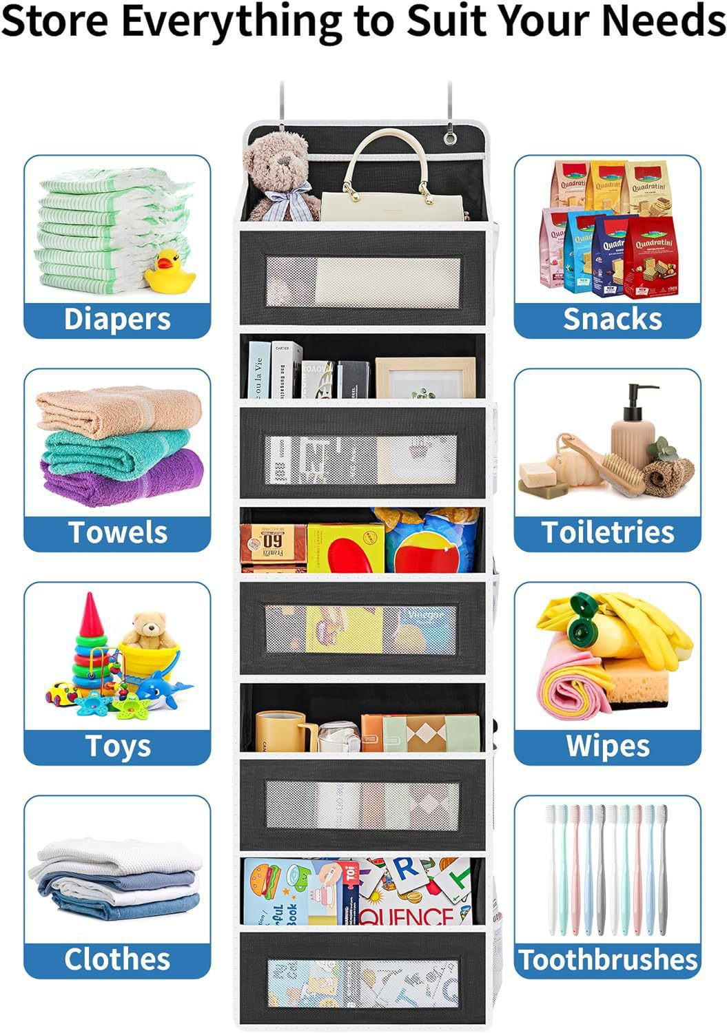 Wall-mounted Doll Rack with Hooks, Multi-functional Storage for Door Hanging, Black
