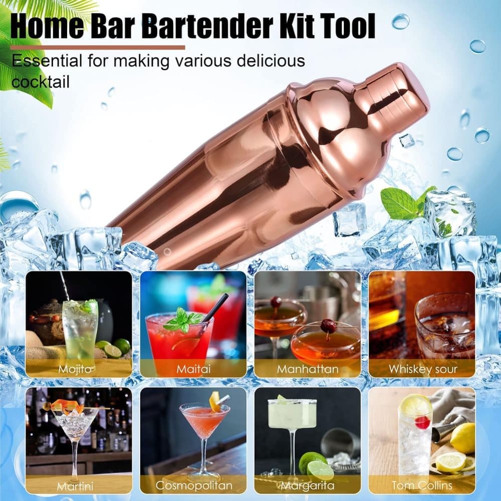 12-Piece Stainless Steel Cocktail Set with Bamboo Stand, Gold, Perfect Gift for Home Bar