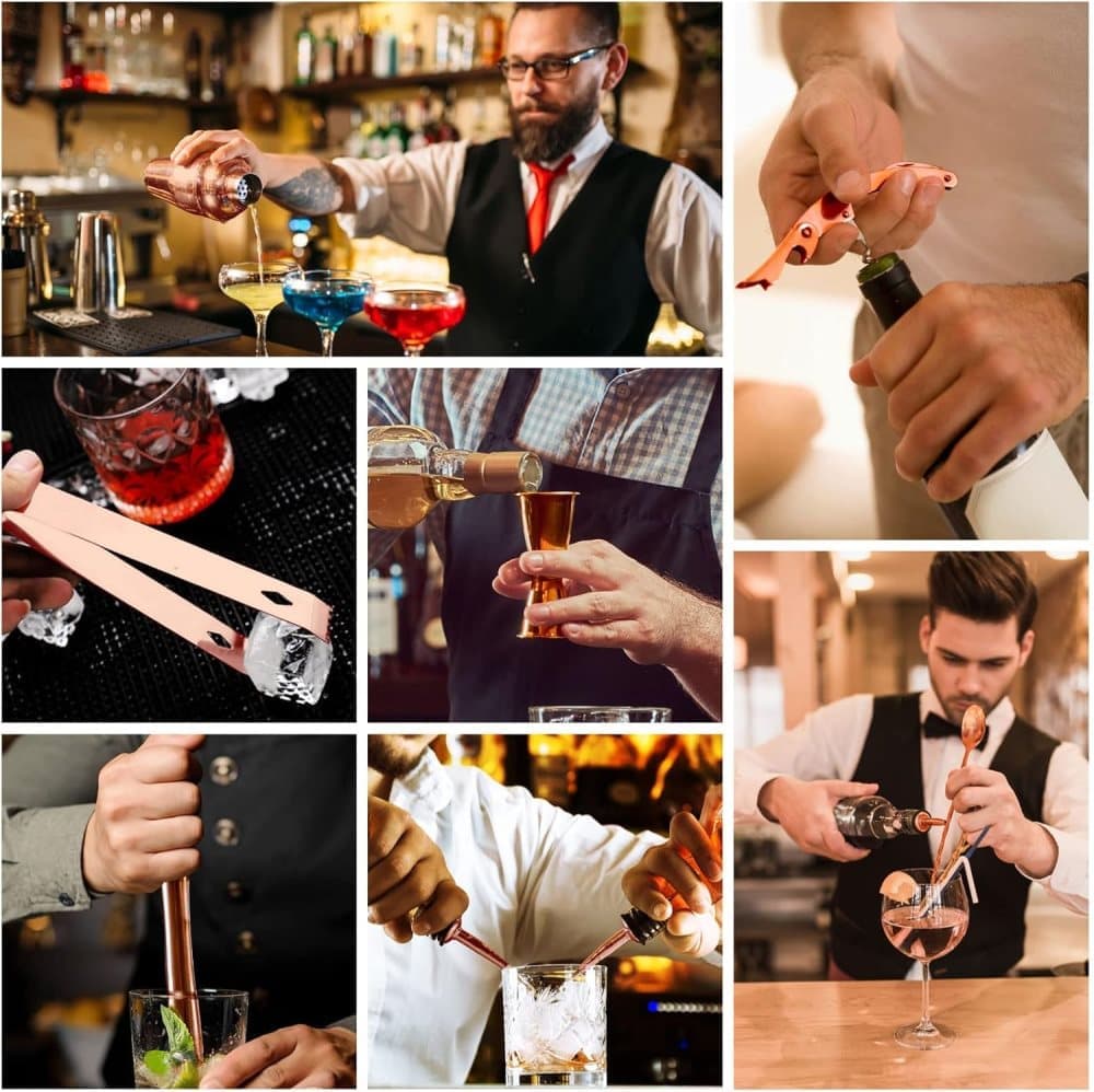 12-Piece Stainless Steel Cocktail Set with Bamboo Stand, Gold, Perfect Gift for Home Bar