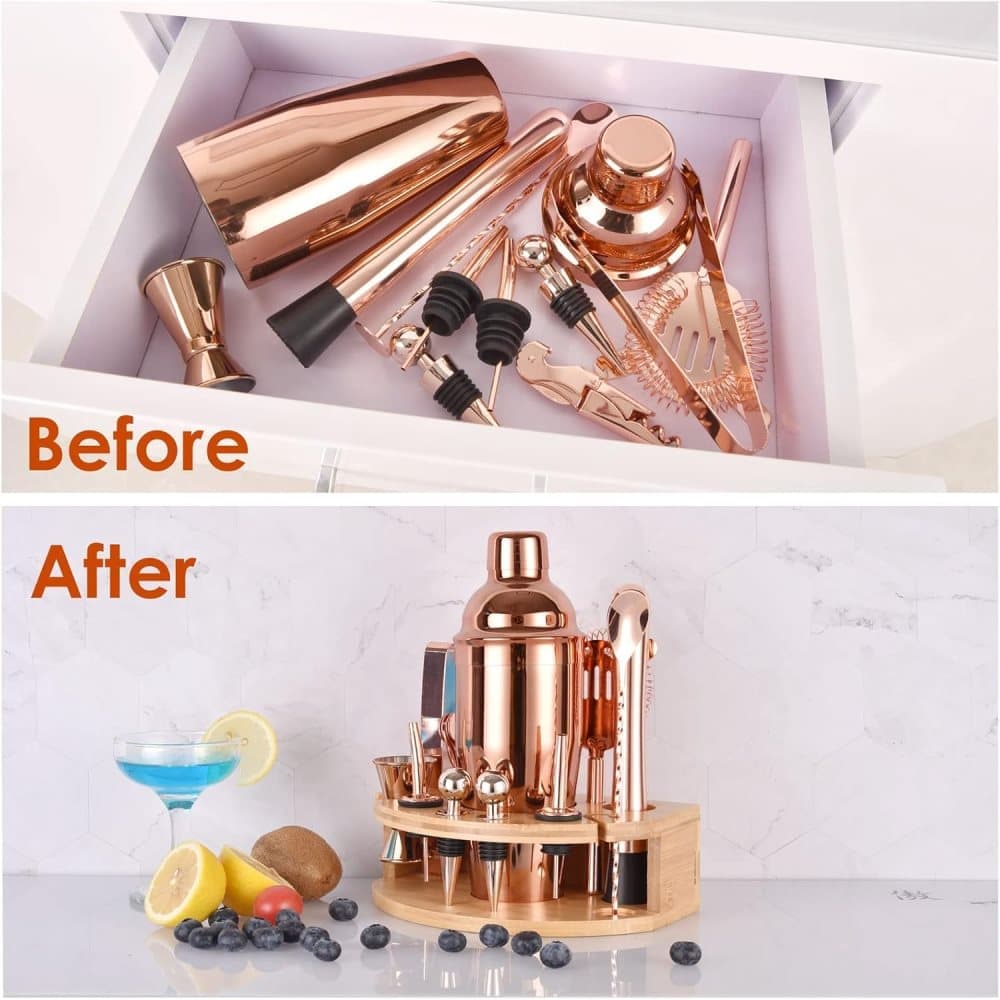 12-Piece Stainless Steel Cocktail Set with Bamboo Stand, Gold, Perfect Gift for Home Bar