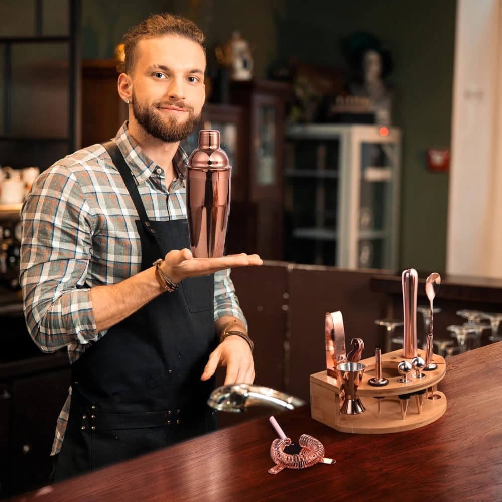 12-Piece Stainless Steel Cocktail Set with Bamboo Stand, Gold, Perfect Gift for Home Bar