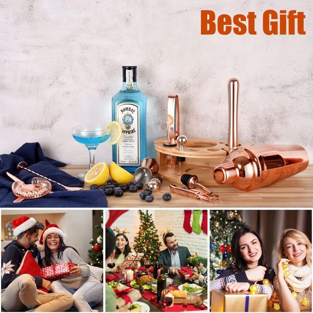 12-Piece Stainless Steel Cocktail Set with Bamboo Stand, Gold, Perfect Gift for Home Bar