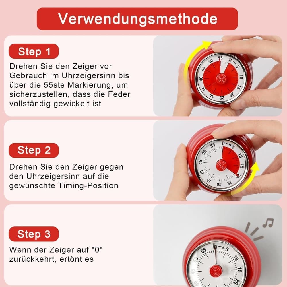 60 Minute Mechanical Kitchen Timer with Magnet in Stainless Steel, 3.6 x 7.3cm, Red