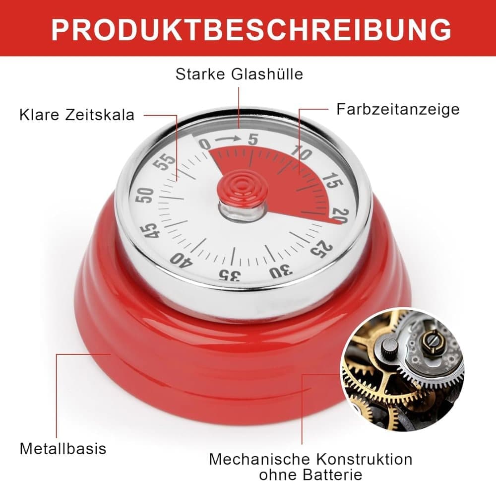 60 Minute Mechanical Kitchen Timer with Magnet in Stainless Steel, 3.6 x 7.3cm, Red
