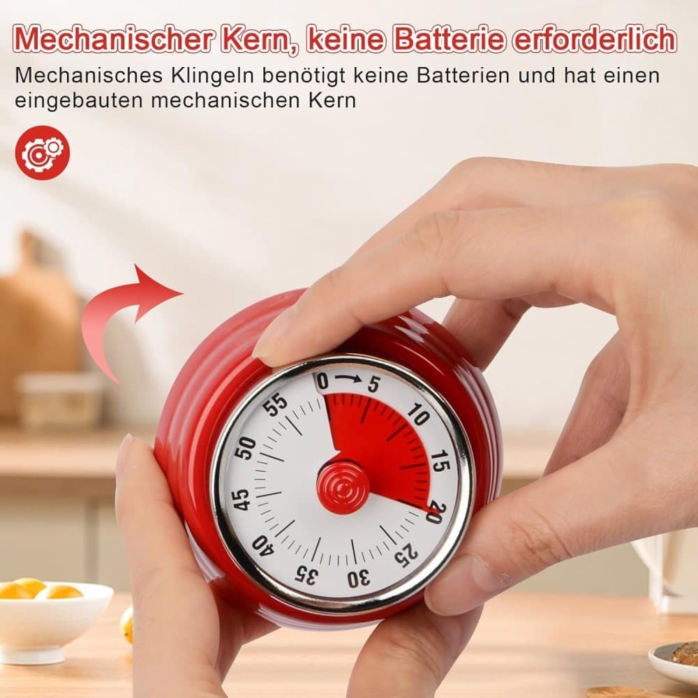 60 Minute Mechanical Kitchen Timer with Magnet in Stainless Steel, 3.6 x 7.3cm, Red