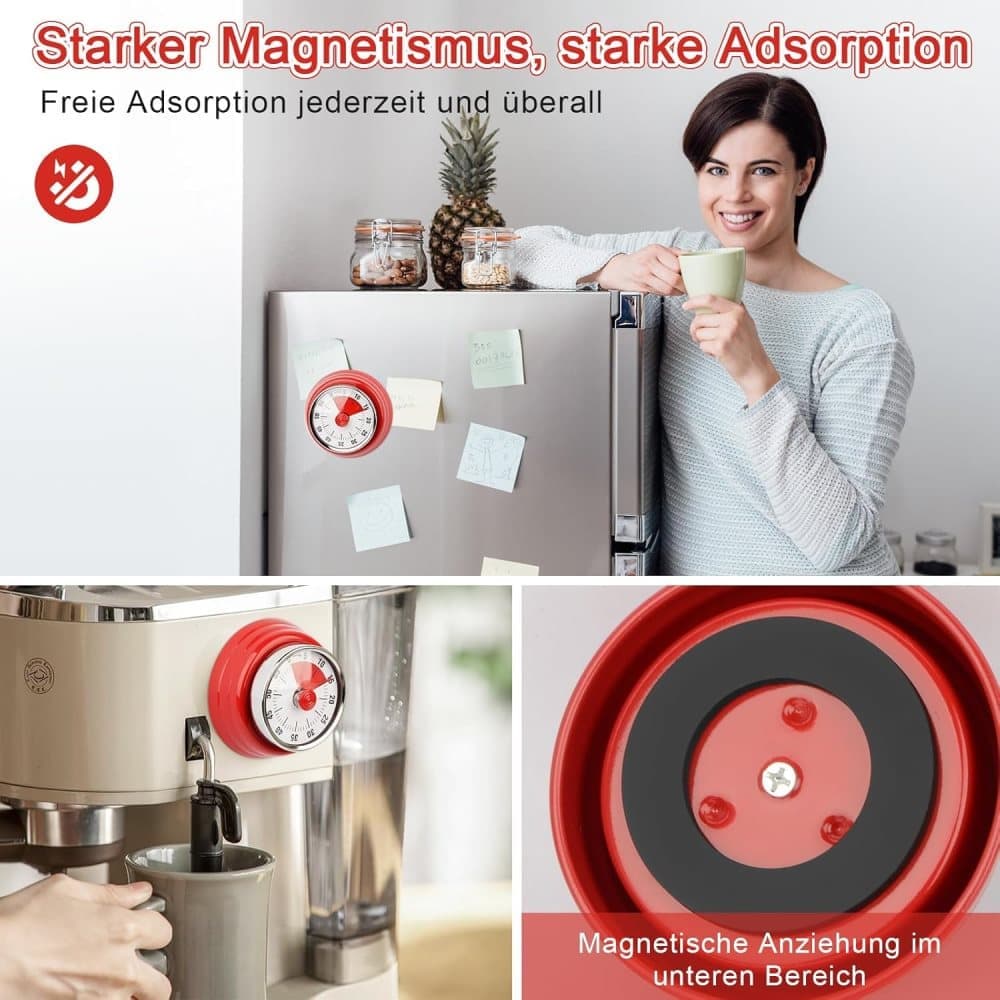 60 Minute Mechanical Kitchen Timer with Magnet in Stainless Steel, 3.6 x 7.3cm, Red