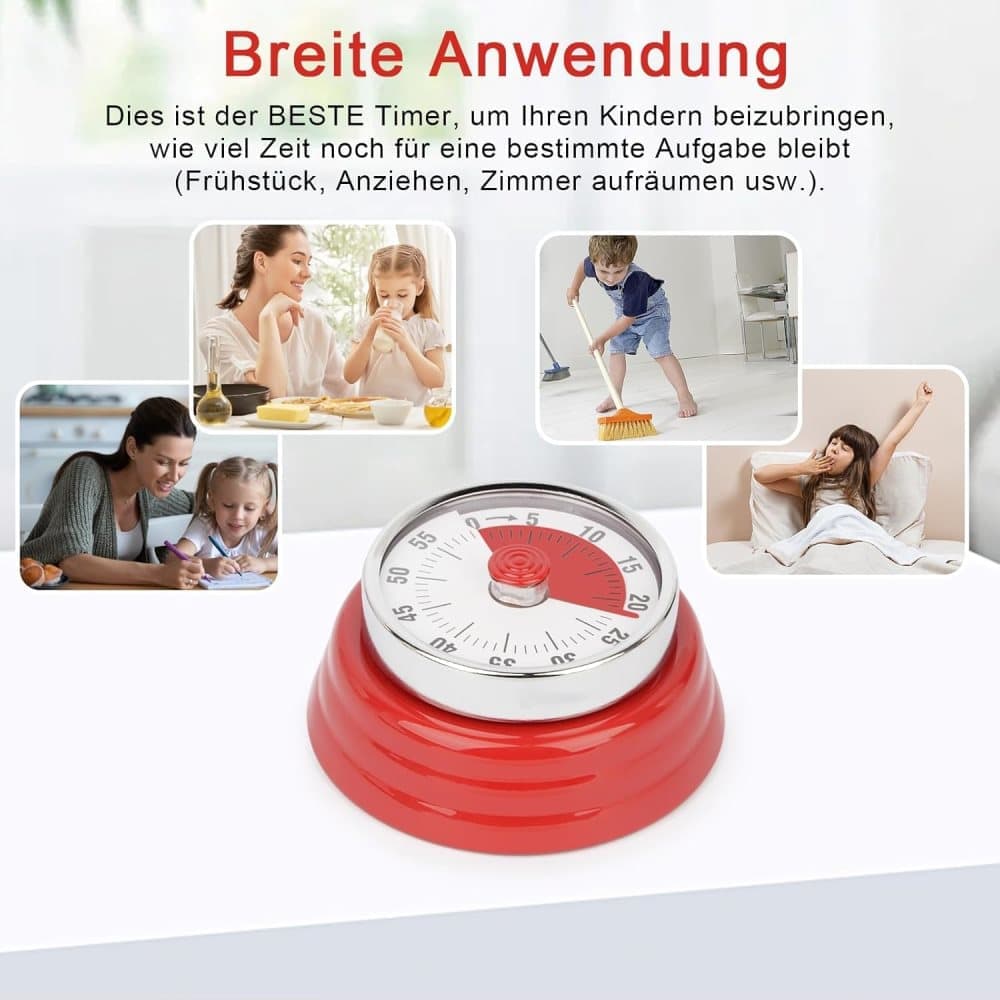 60 Minute Mechanical Kitchen Timer with Magnet in Stainless Steel, 3.6 x 7.3cm, Red