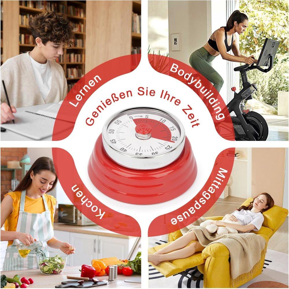 60 Minute Mechanical Kitchen Timer with Magnet in Stainless Steel, 3.6 x 7.3cm, Red