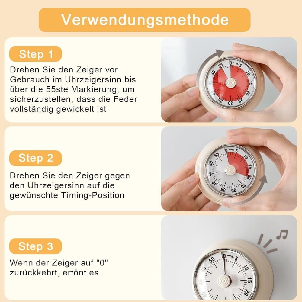 60 Minute Mechanical Kitchen Timer with Magnet, Stainless Steel Black, 3.6 x 7.3cm