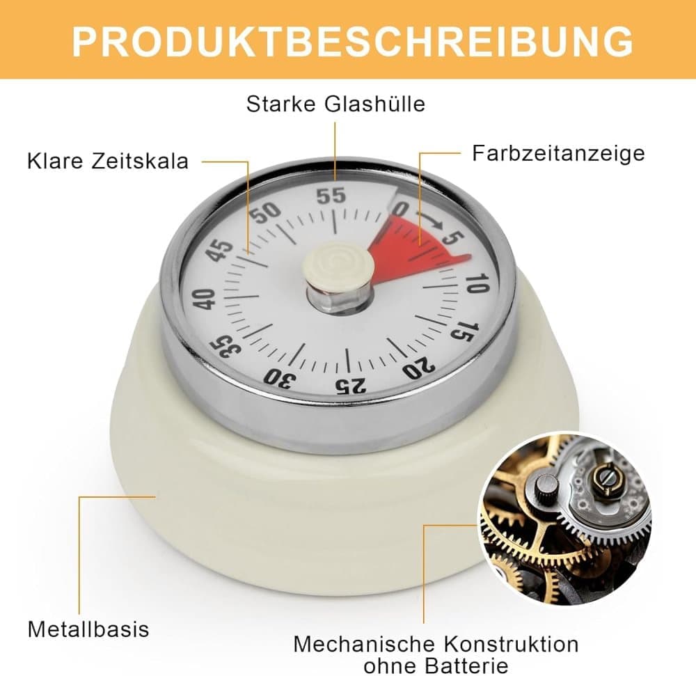 60 Minute Mechanical Kitchen Timer with Magnet, Stainless Steel Black, 3.6 x 7.3cm