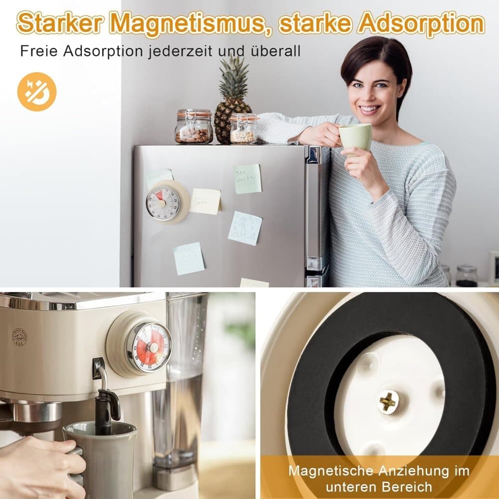 60 Minute Mechanical Kitchen Timer with Magnet, Stainless Steel Yellow, 3.6 x 7.3cm