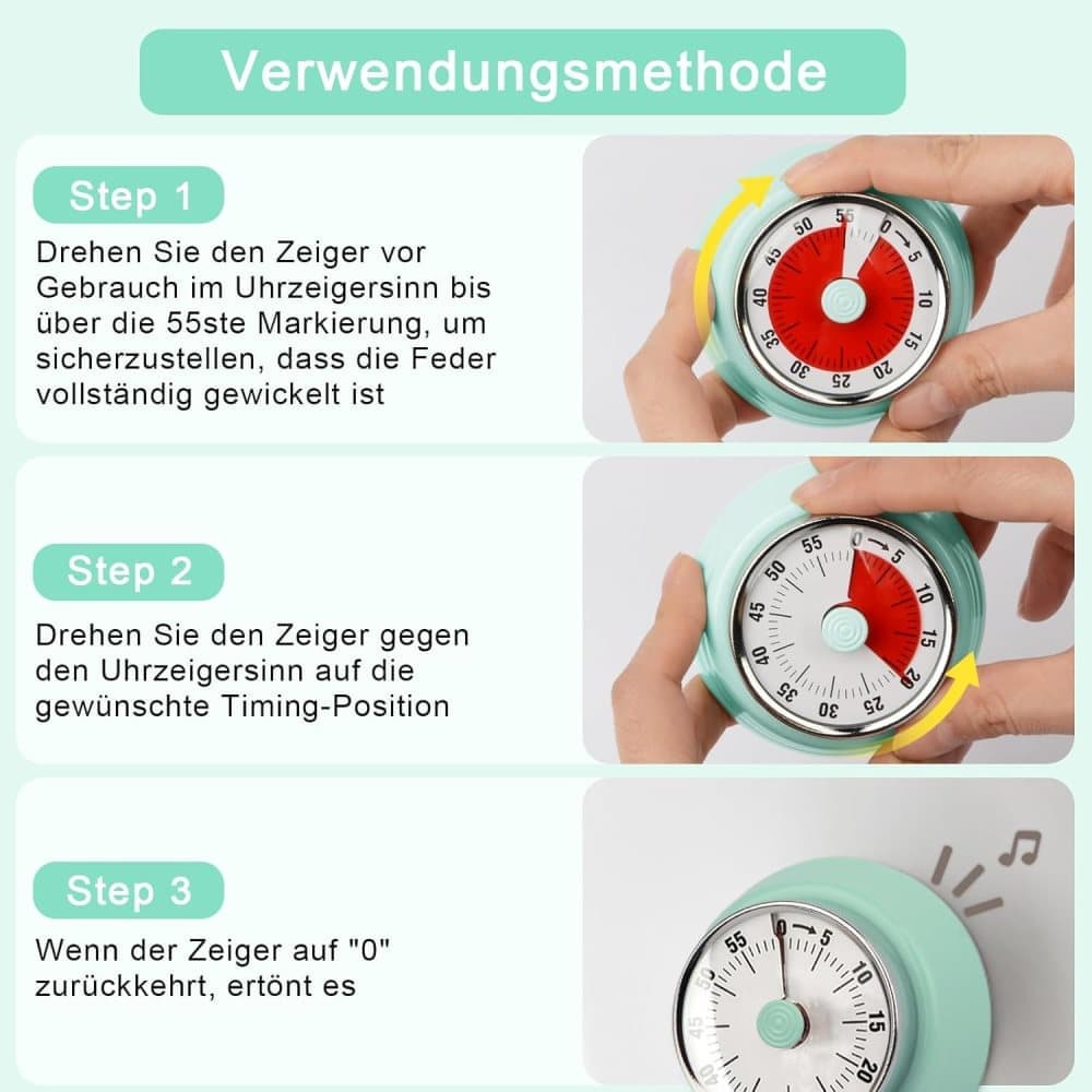 60 Minute Mechanical Kitchen Timer with Magnet, Stainless Steel, Green, 3.6 x 7.3cm