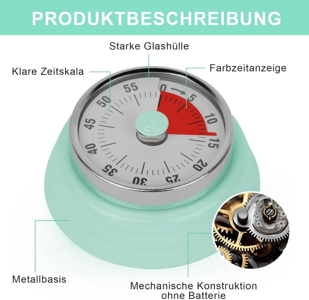 60 Minute Mechanical Kitchen Timer with Magnet, Stainless Steel, Green, 3.6 x 7.3cm