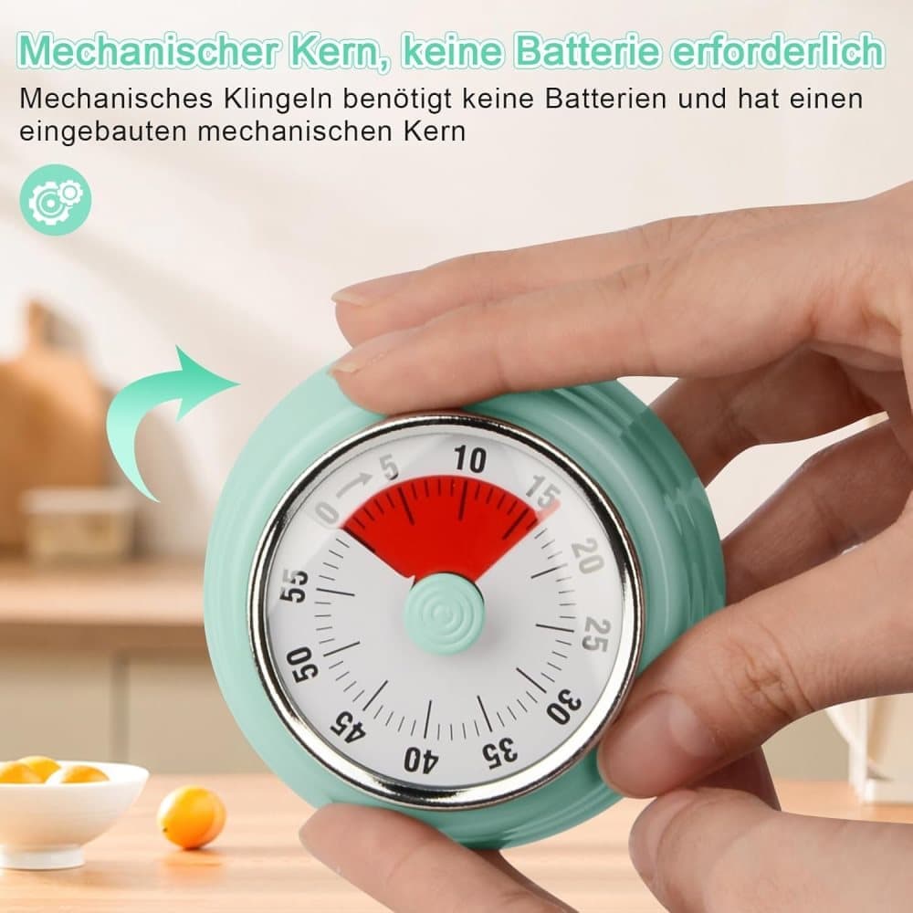 60 Minute Mechanical Kitchen Timer with Magnet, Stainless Steel, Green, 3.6 x 7.3cm