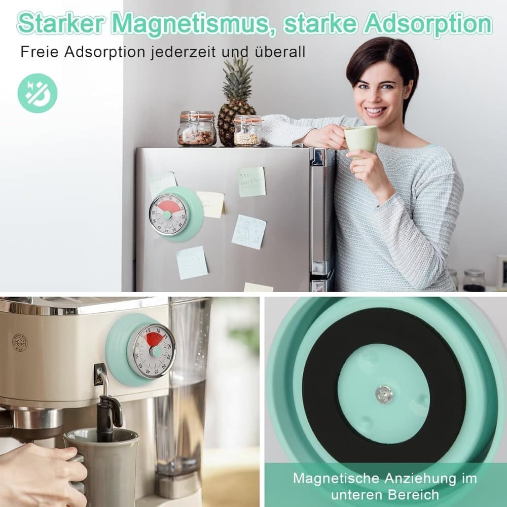 60 Minute Mechanical Kitchen Timer with Magnet, Stainless Steel, Green, 3.6 x 7.3cm