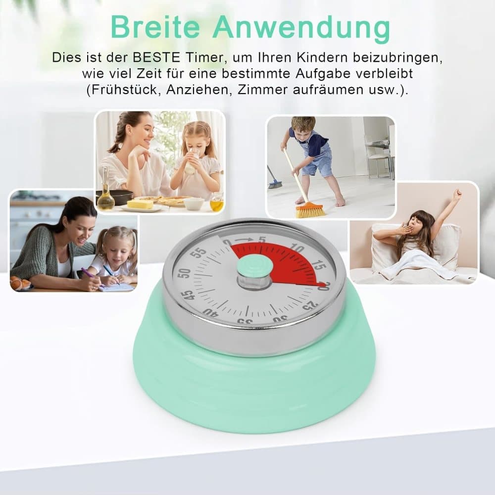 60 Minute Mechanical Kitchen Timer with Magnet, Stainless Steel, Green, 3.6 x 7.3cm