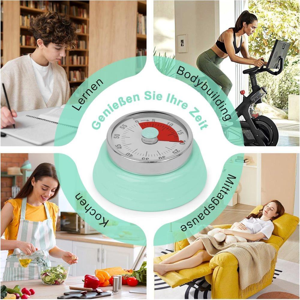 60 Minute Mechanical Kitchen Timer with Magnet, Stainless Steel, Green, 3.6 x 7.3cm