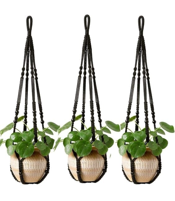 3 pcs Bohemian Plant Hanger for Indoor Plants with Braided Rope Beads and Lace Decoration, 35 Inch, Black