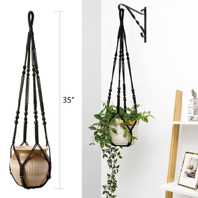 3 pcs Bohemian Plant Hanger for Indoor Plants with Braided Rope Beads and Lace Decoration, 35 Inch, Black