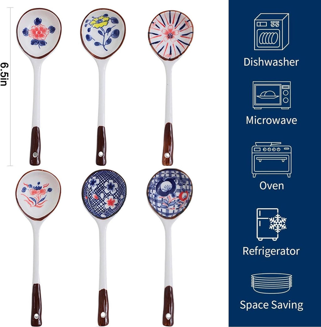 Set of ceramic soup spoons - 6 long-handled Japanese spoons - Easy-to-hold utensils for ramen, wonton, and miso soup - Elegant spoons for noodles and dumplings