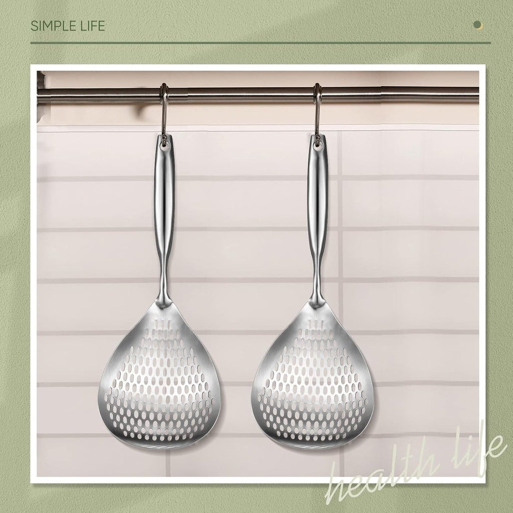 Skimmer - Stainless Steel - Deep-frying Spoon - Deep-frying Scoop - Food Sieve - Skimmer Spoon - Colander Spoon - Non-Stick - Hanging Handle - Dishwasher Safe - Draining Potatoes/Vegetables/Pasta - Sieve - Colander - Cooking Supplies - Kitchen Tools