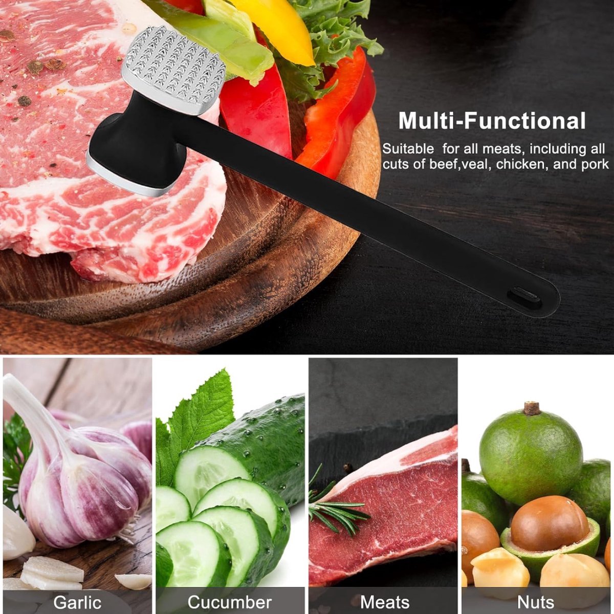 Meat Hammer - Meat Tenderizer - Hammer for Meat - Zinc Meat Beater - Meat Crusher - Meat Tenderizer - Ideal for Tenderizing Meat - Double-Sided - Hangable - Kitchen Utensils - BBQ Accessories - Black