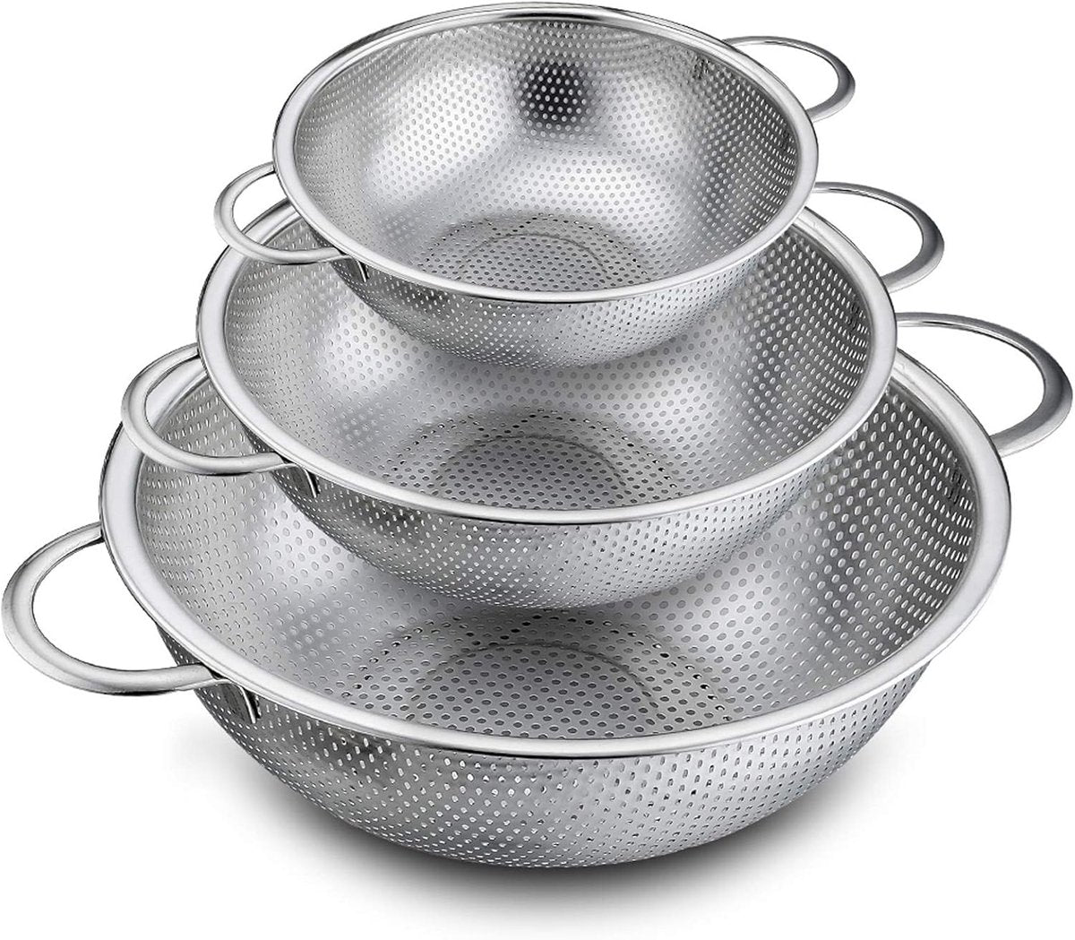 3-Piece Colander - Fine-mesh stainless steel colander - Sieve - on a stand - 2 handles - For draining, rinsing, and washing - Ideal for pasta, vegetables, and fruit - Durable and Dishwasher Safe - Easy Storage - Kitchen colander/sieve