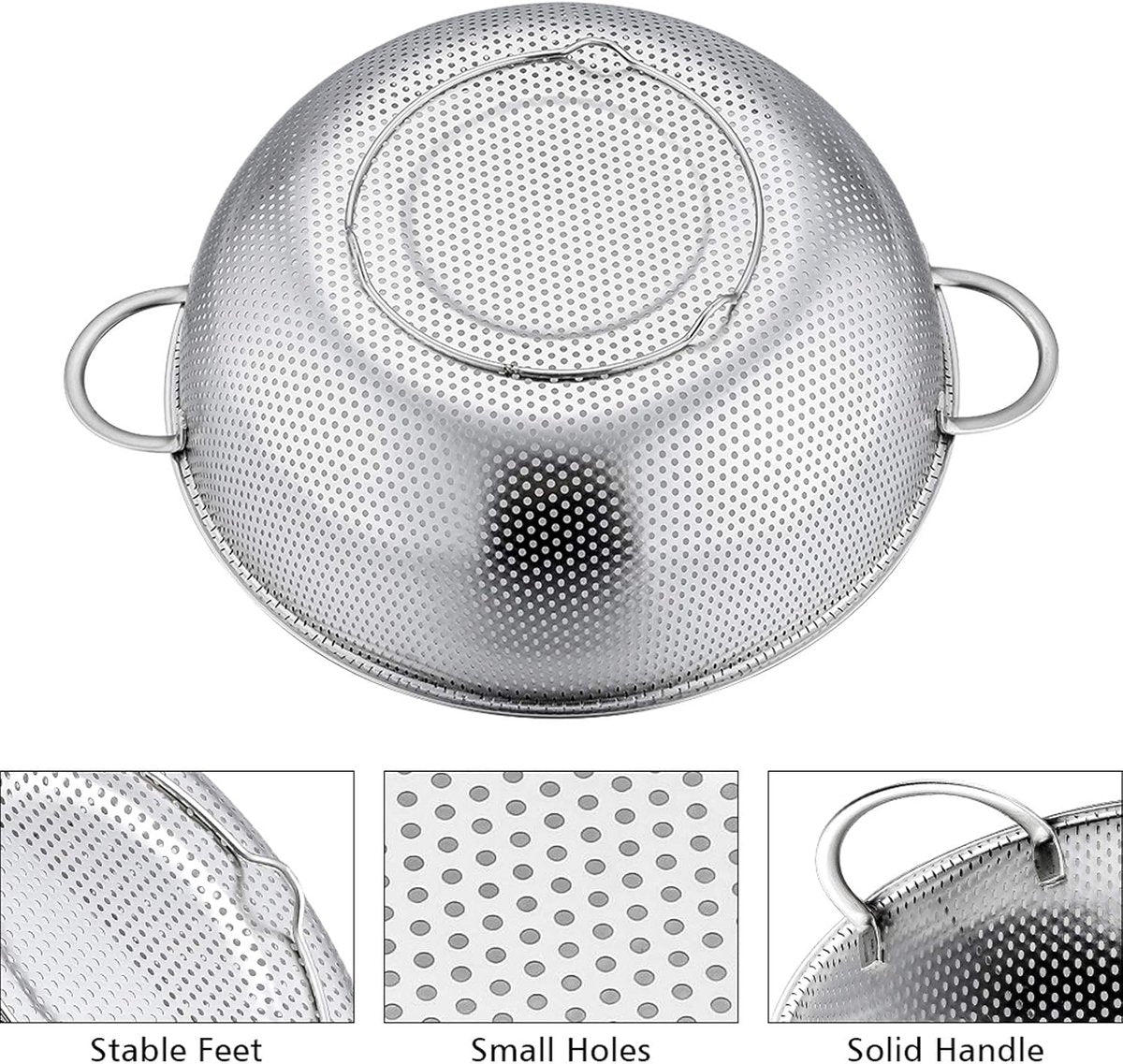 3-Piece Colander - Fine-mesh stainless steel colander - Sieve - on a stand - 2 handles - For draining, rinsing, and washing - Ideal for pasta, vegetables, and fruit - Durable and Dishwasher Safe - Easy Storage - Kitchen colander/sieve