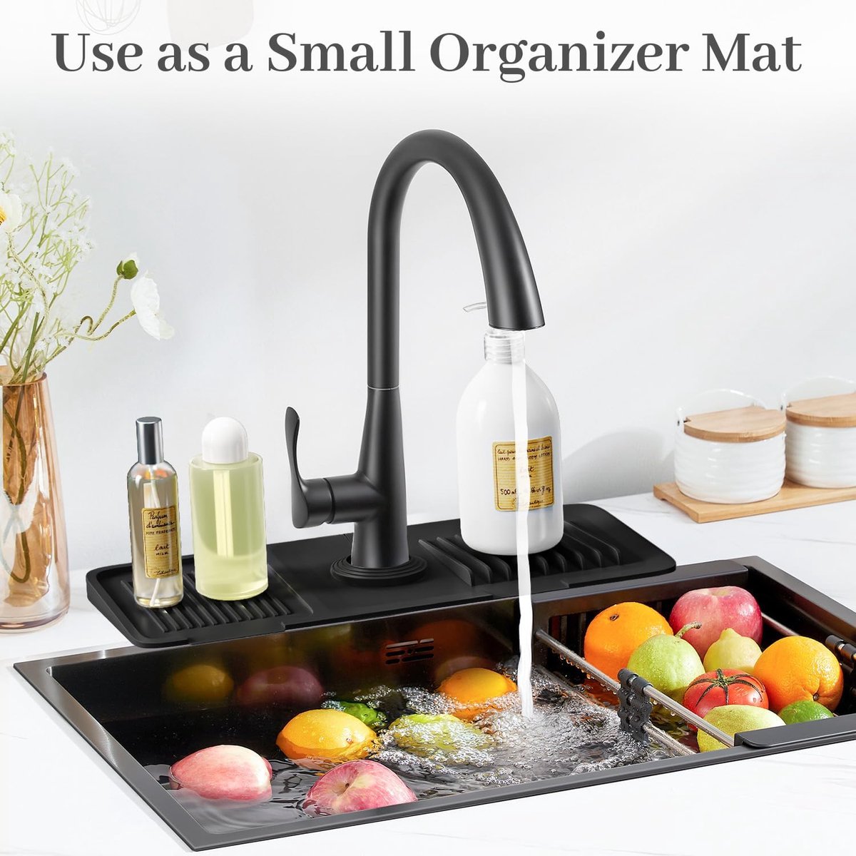 14" Drain Mat - Sink Mat - Faucet Mat - Kitchen Drying Mat - Splash Guard - Non-Slip - Kitchen Sink Protector - Silicone Short Drain Mat - for the sink, for kitchen utensils, cups, fruit and vegetables - Black