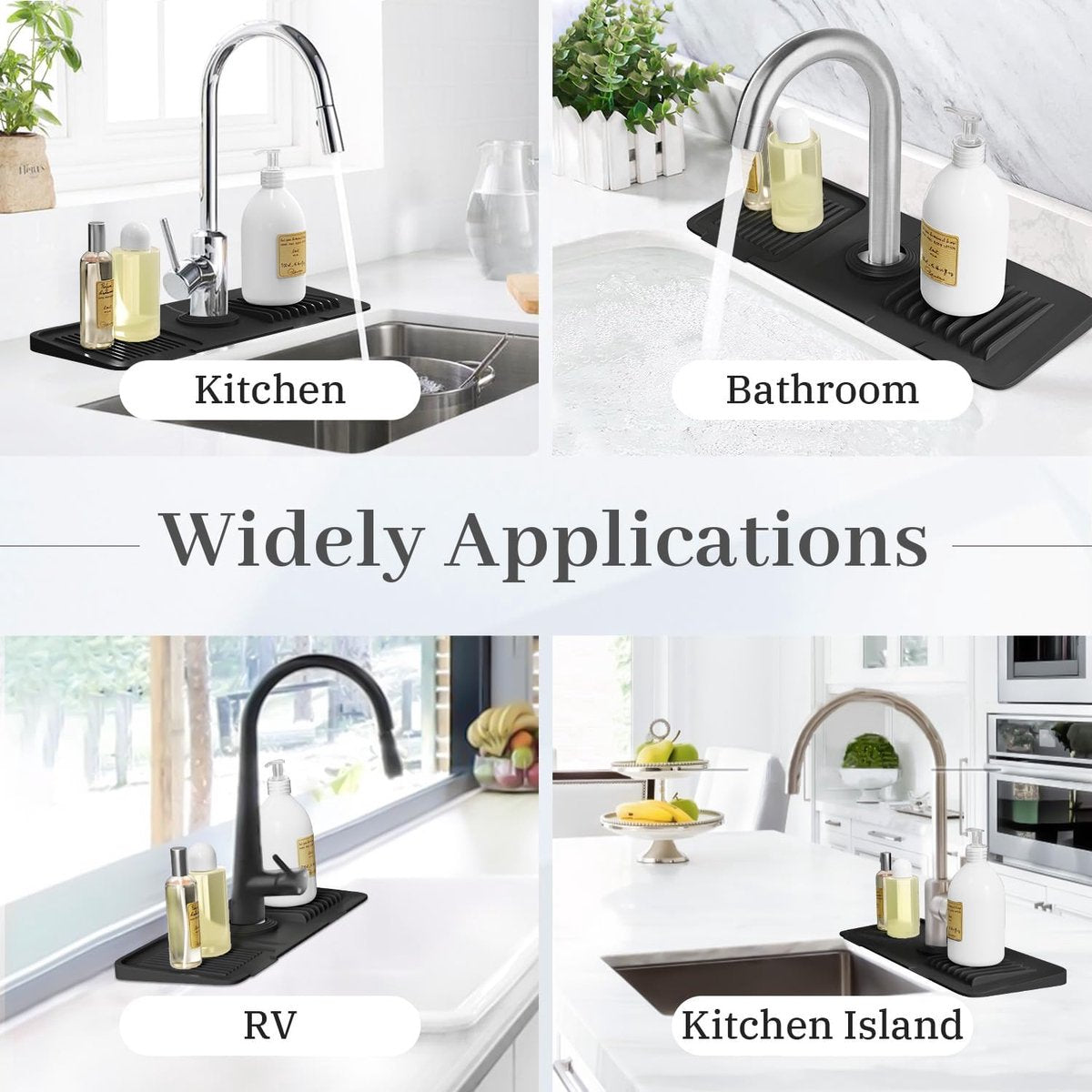 14" Drain Mat - Sink Mat - Faucet Mat - Kitchen Drying Mat - Splash Guard - Non-Slip - Kitchen Sink Protector - Silicone Short Drain Mat - for the sink, for kitchen utensils, cups, fruit and vegetables - Black