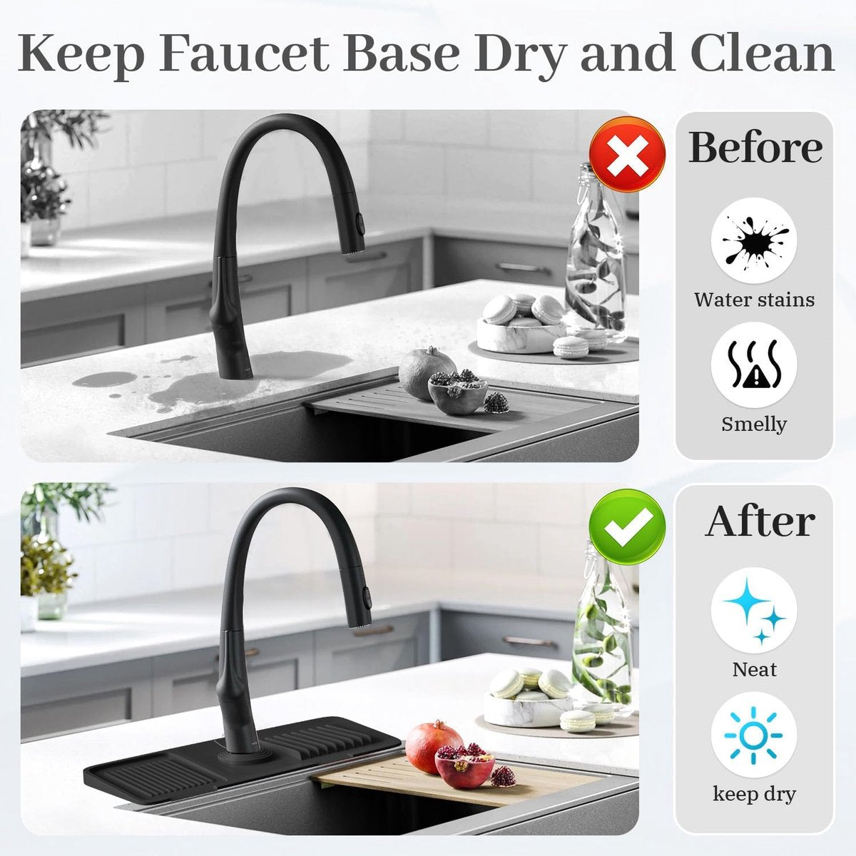 14" Drain Mat - Sink Mat - Faucet Mat - Kitchen Drying Mat - Splash Guard - Non-Slip - Kitchen Sink Protector - Silicone Short Drain Mat - for the sink, for kitchen utensils, cups, fruit and vegetables - Black